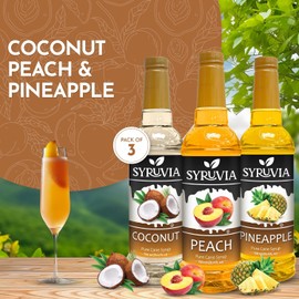 Syruvia Coconut, Peach and Pineapple Syrup Fruit Mix Favorites Variety Pack - 25.4oz - Perfect for Cocktails, Desserts, Italian Sodas, Ice and More, Kosher and Gluten-Free.