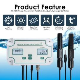 JuviPerpric 3-in-1 WiFi Smart Water Quality Tester, High Precision pH/EC/Temp Monitor with BNC Probe Real-Time APP Alerts & Data Export, pH Controller for Aquarium, Pool, Drinking Water, Lab