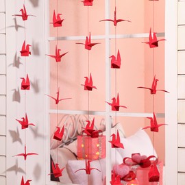 10 Pcs Paper Crane Hanging Garlands Premade Origami Cranes on String Kit Origami Paper Crane Folded Bird Streamers for Japanese Asian Party Decorations Home Family Bridal Shower Supplies(Red)