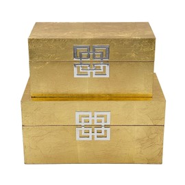 Galt International Storage Box Set Decorative Storage Box w/Hinged Lid Classic Design Wood Decor Boxes with Geometric Clasp Storage for Bedroom & Home - Set of 2 (Gold Leaf)