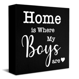 Home is Where My Boys are Sign, New Mom Gifts, Funny Mothers Day Gifts ideas for Mom Mother Mommy, Home Family Living Room Bedroom Decor 5 X 5 Inch（Black）