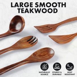 Zulay Kitchen Extra-Large 5-Piece Wooden Spoon Set for Cooking - Smooth Teak Wooden Utensils - Comfort-Grip Non-Stick Wooden Cooking Spoons - Large Wooden Turner, Spatula, Skimmer, Fork, Serving Spoon
