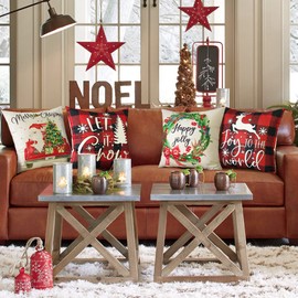 Sungeek Set of 4 Christmas Cushion Covers, Linen Decorative Cushion Covers, Plaid Santa Claus Decorative Cushion Cover for Sofa, Couch, Bedroom, Living Room (50 x 50 cm, Red Truck)