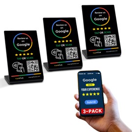 TapFive Google Review Stand (3-Pack) - Tap for Instant Reviews - Reusable Smart Tap NFC & QR - All Phones Compatible - Boost Business Reviews Zappy Fast (Black, 3 Stands)