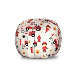 Lunarable Truck Storage Toy Bag Chair, Little Boys and Girls in Uniforms Fighters Theme Career Profession Pattern, Stuffed Animal Organizer Washable Bag, Small Size, Red Cream