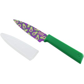 KUHN RIKON Colori+ Non-Stick Straight Paring Knife with Safety Sheath, 4 inch/10.16 cm Blade, Funky Fruit Avocado