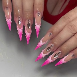 Long Press on Nails Almond Fake Nails Pink French Tip False Nails with 3D Stripe Design Glue on Nails Ombre Stiletto Acrylic Nails Rhinestone Full Cover Stick on Nails for Women Manicure 24Pcs