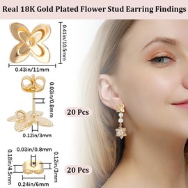 Beebeecraft 1 Box 20Pcs Stud Earring Findings 18K Gold Plated Flower Pearl Cup Earring Post Setting for Half Drilled Beads with 20Pcs Ear Nuts for DIY Stud Findings Jewellery Making