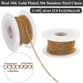 Beebeecraft 2 Rolls 33 Feet 18K Gold Plated Stainless Steel Chain Bulk 3mm Jewelry Chain Links Metal Cable Rolo Link Chain Roll Spool for Necklace Earring Bracelet DIY Craft Supplies Findings