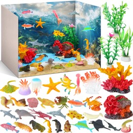 Simgoing Ocean Diorama Kit Habitat Project Supplies Under The Sea Animals Figures Small Shark Fish Figures Artificial Coral Seagrass with Gift Box for Gifts Birthday Party Decorations