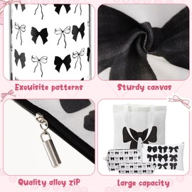 Dansydaisy Coquette Gift for Women Bow Preppy Makeup Bag Set Aesthetic Glass Cups with Lids, Canvas Tote Bag Gift Set, Bow Themed Gifts for Woman (Black)