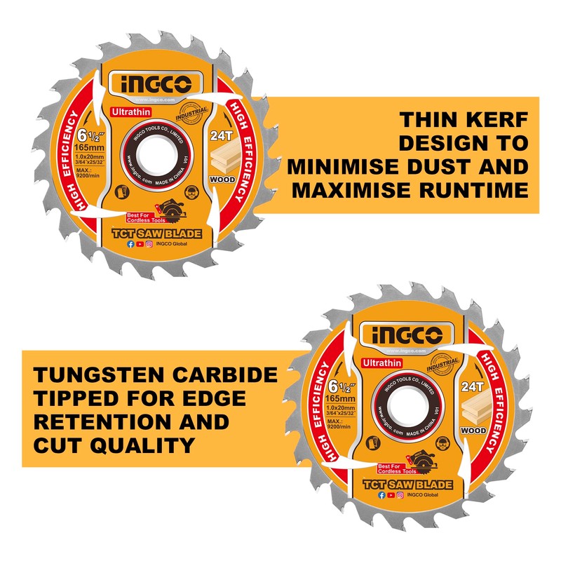 INGCO 2-Pack 165mm Ultra-thin TCT Saw Blade Set 24T, 20mm