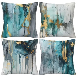 HOSTECCO Turquoise and Grey Cushion Covers 45x45 cm Pack of 4 Grey and Gold Abstract Cushion Cases Modern Decorative Throw Pillow Covers for Sofa Couch Bed Office
