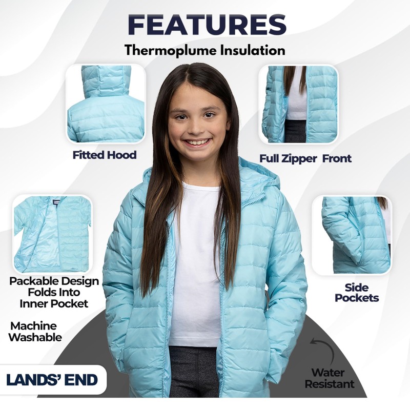 Lands' End Kids Packable Hooded Down Puffer Jacket Coat, Aqua,