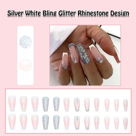 ANDGING Press on Nails Medium Long Coffin, French Tip Fake Nails for Women with Silver White Bling Glitter Rhinestone Design, Acrylic Glue on Nails False Nails, Stick on Nails for Wedding Birthday
