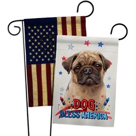 Breeze Decor Patriotic Fawn Pug Garden Flag Pack Dog Puppy Spoiled Paw Canine Fur Pet Nature Farm Animal Creature Vintage Applique House Banner Small Yard Gift Double-Sided, Made in USA