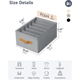 DIMJ Large Wardrobe Clothes Organizers - Foldable Closet Clothing Organizer for Jean Sweater Shirt Pants Underwear Bra, Divided Clothes Drawer, Grey Closet Shelf Organizer Boxes