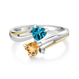 Gem Stone King 1.03 Ct London Blue Topaz Yellow Citrine 925 Silver and 10K Yellow Gold Lab Grown Diamond 2 Heart Promise Couple Engagement Mother Ring (Size 9)