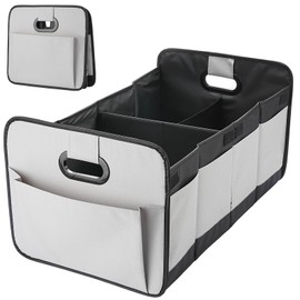 DEEZOMO Foldable Car Trunk Organizer - 63L Collapsible Multi-Compartment Storage with 10 Side Pockets, Reinforced Handles & Waterproof 600D Oxford Polyester - Fits Car, SUV, Minivan - Grey