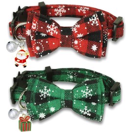 Christmas Cat Collar with Bow Tie and Bell, 2 Pack Holiday Breakaway Kitty Kitten Collar for Girls Boys Male Female Cats