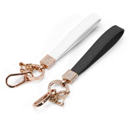 Sekonow 2Pcs Leather Keychain Wristlet, Rhinestone Inlaid Alloy Car Key Chain, 360°Rotatable Wrist Fob Keychain Holder (Black + White)