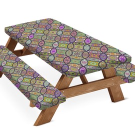 Opalaughs Waterproof Picnic Table Cover with Bench Covers Set Boho Windproof Camping Rectangle Tablecloths Fitted Table Cover with Elastic Edges for Outdoor 72 inch 3 Pcs Bohemian
