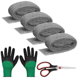 Swpeet 6Pcs 3.1" x 7.2FT Steel Wool with Cut Gloves and Scissors, Steel Wool Fill Fabric Roll, Gap Blocker Coarse Wire Hardware Cloth for Holes Wall Cracks Vents in Garden House Garage