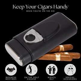 Lybunair Elegant Leather 3Finger Cigar Case, Cedar Wood Lined Humidor with Stainless Steel Cutter, Portable Cigar Holder for Travel and Storage