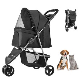 Pet Stroller, 35 lbs Weight Capacity, Foldable Dog Stroller Cart, 3 Wheels Cats Stroller with Mesh Windows and Cup Holderscolor: Black