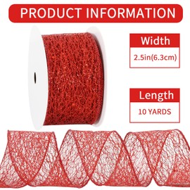 RIBBOOO Red Glitter Mesh Wired Ribbon, 2.5 Inch 10 Yards Sparkling Fabric Ribbon for Wreath Bow Making, Gift Wrapping, Wedding, Christmas Tree Decoration