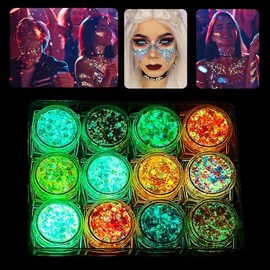 Gel de Purpurina Brillante, Brillo en la Oscuridad,12 Colores Luminosos, Autoadhesivo UV,Chunky Glitter para Cuerpo y Cara,Sombra de Ojos, Labios,... 