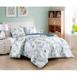 Chezmoi Collection Monica 2-Piece Boho Floral Comforter Set, Twin - Blue Gray White Tropical Flower Textured Printed Microfiber Lightweight Bedding Set