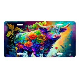 Twisted R Design Highland Cow in Flowers Aluminum Front License Plate Car Accessory Vanity Plate