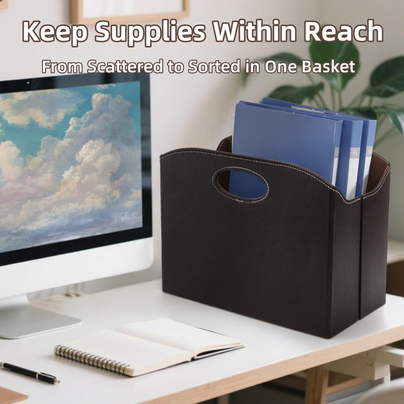 WRINGKIT PU Leather Magazine File Holder, Foldable Magazine Basket with