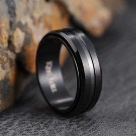 King Will 8mm Black Spinner Ring Matte Brushed Stainless Steel Fidget Ring Anxiety Ring For Men Grooved Center Comfort Fit 8