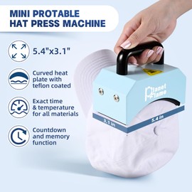 PlanetFlame Hat Press, Mini Hat Press Heat Machine for Caps Hats with 5.4" * 3.1" Curved Teflon Coated Heat Plate & Safety Base for Heat Transfer Vinyl, Sublimation and DIY Projects, Blue White