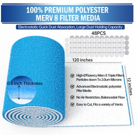 2 Rolls Air Vent Filters, 120" x 12" Cut to Size Air Filter (100+ Filters), MERV 8 Triple Vent Filter Kit for Floor Registers, Grilles, Ceiling, Wall HVAC Furnace Vents, With Adhesive Hook Tape