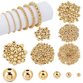 PH PandaHall 600pcs 18k Gold Spacers Beads, 6 Size Little Round Loose Beads Smooth Gold Ball Brass Beads for Summer Hawaii Stackable Necklace, Bracelet, Earring Making (2/3/4/5/6/8mm)