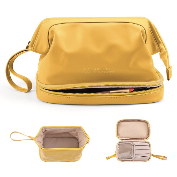Cosmetic Bag, Double Layer Cosmetic Bag, High-End Cosmetic Bag, Travel Makeup Bag, Makeup Organiser Bag, Leather Cosmetic Bag, Waterproof Toiletry Bag for Women and Girls, yellow, High quality cosmetic bag