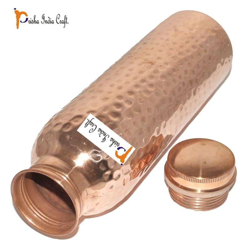 Prisha India Craft Pure Copper Water Bottle, Hammered Design, Capacity