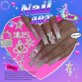 Pizadix 82 pcs Sliver Pink Nail Charms Y2K Set with Butterfly, Bear, Purse, 2025, Dangle Star, Bow, Cherry, Heart, Snowflake for Nail Art Decoration Y2K