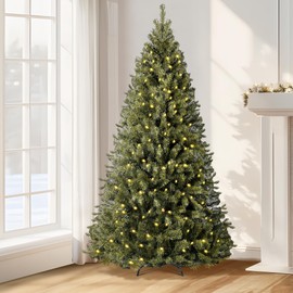 Annecy 7.5ft Pre-Lit Christmas Tree, Green Artificial Full Spruce Christmas Tree for Home, Office, Party Decoration w/ 1200 Branch Tips, 550 Warm White & Multi-Color Lights, Metal Hinges & Base,7.5 ft