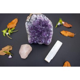 Pachamama Essentials Amethyst Cluster Cut Base from Uruguay, Rose Quartz Rough, Selenite Stick Small, Healing Crystal (3 Pc Set) Premium Grade A, Natural Good Vibes (0.5-1 lb)
