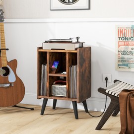 Tangkula Record Player Stand w/Charging Station & USB Ports, Nightstand Sofa Side Table w/Vinyl Storage Cabinet for Living Room, Album Display Shelf Turntable Stand End Table (Brown, 27" H)