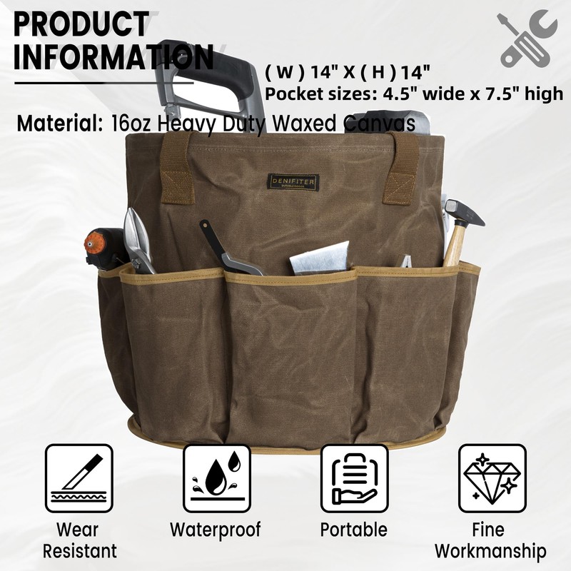 Denifiter Heavy-Duty 16oz Waxed Canvas Tool Bag - 14" Foldable