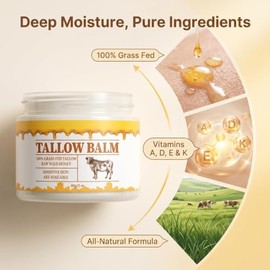 100% Organic Grass-Fed, Unscented, Deeply Nourishing Skin Care—Beef Tallow Face & Body Moisturizer Balm with Raw Wild Honey, Olive Oil & Vitamin E