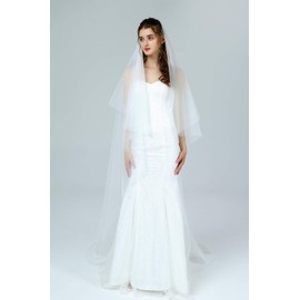 BEAUTELICATE Bridal Wedding Veil Drop Blusher Veil 2 Tier Cut Edge Knee Chapel Length With Comb White Chapel Length