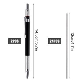KINBOM 2Pcs Streak Welder Pencils with Build-In Nib Sharpener, 24Pcs 2mm Round Pencils Refills, Automatic Mechanical Carpenter Pencils for Welding Metal Wood Construction Marker Drawing Writing(Black)