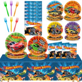 98 Pcs Race Car Party Supplies Colorful Hot Car Paper Plates Napkins Tablecloths Racing Theme Tableware Table Cover for Kids Boys Black White Checkered Baby Shower Birthday Decorations for 24 Guests