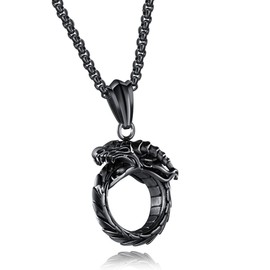 WULZST Ouroboros Eternal Circle Pendant Necklace for Men Retro Stainless Steel Fixed Chain Ancient Symbol Infinity Snake Jewelry Gift for Him Black Durable Mens Necklace Hypoallergenic Mystical Design
